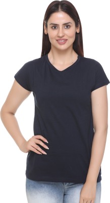 SHAUN Solid Women Round Neck Dark Blue T-Shirt