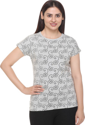 SHAUN Floral Print Women Round Neck Grey T-Shirt