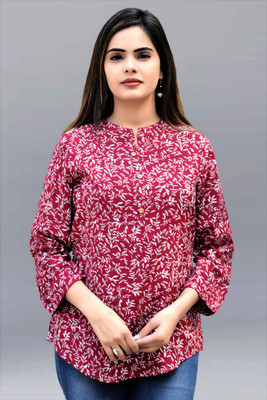 FANCIFY Casual 3/4 Sleeve Printed Women Red, White Top