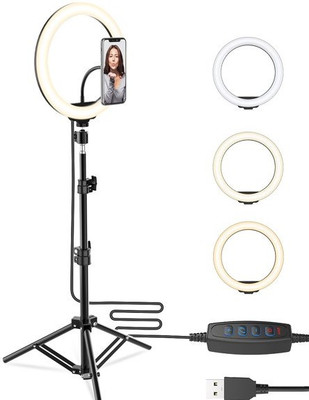 Wrapo Foldable Tripod with Remote, Dimmable 3-Modes LED Ring Light with Tabletop Stand with Ball-Head for Making up, Tiktok Videos Tripod Ring Flash(Black&White)