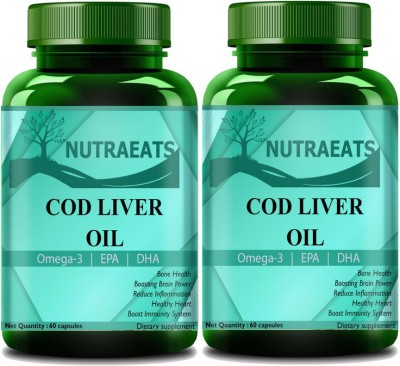 NutraEats Nutrition COD Liver Oil with Essential Fatty Acid Omega 3, Vitamin A & D(Pack Of 2) Premium(2 x 60 No)