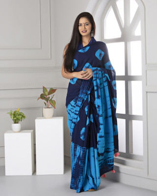 Kiaaron Hand Painted, Blocked Printed Daily Wear Pure Cotton Saree(Dark Blue)