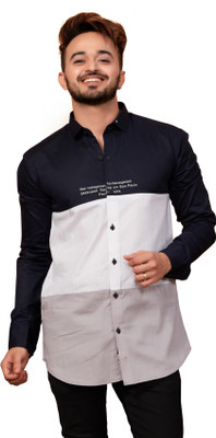 iBrand Men Color Block Casual Dark Blue, White, Grey Shirt