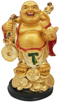 Ripe India Laughing Buddha with Back Potli & Money Coin for Health, Wealth and Happiness Decorative Showpiece  -  11 cm(Polyresin, Gold)