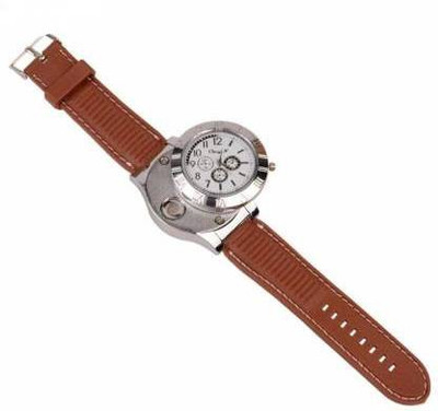 Huayue Analog Display Men Jet Black Wrist Watch Cum Rechargeable Flameless Lighter |Micro USB Charging Cable Cigarette Lighter White Dial Brown Strap And Silver Case Round Analog Display Men Jet Black Wrist Watch Cum Rechargeable Flameless Lighter Cigarette Lighter(Brown)