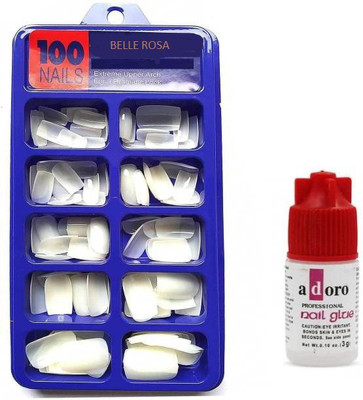 BR Belle Rosa Best Quality Artificial Empress Curve 100 Tips Fake Nails with Super Glue 3gm (Pack of 1) White WHITE(Pack of 100)