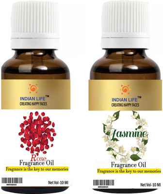 indianlife Jasmine,Rose Aroma Oil for Bathbomb/Handmade Herbal Soap/Candel/soap/Spa relaxing/Room Freshner/Meditation/Diffusion/Room freshener(Pack of 2) 10 Ml each(20 ml)