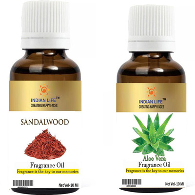 indianlife Sandalwood, Aloe vera Aroma Oil for Bathbomb/Handmade Herbal Soap/Candel/soap/Spa relaxing/Room Freshner/Meditation/Diffusion/Room freshener(Pack of2) 10 Ml each(20 ml)
