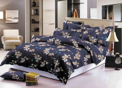 Qfab 144 TC Polycotton Queen Floral Flat Bedsheet(Pack of 1, Blue)