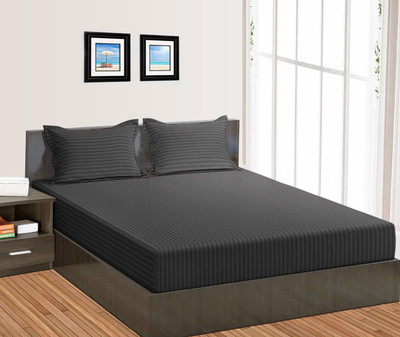 RRC 144 TC Microfiber Double Striped Fitted (Elastic) Bedsheet(Pack of 1, Grey)