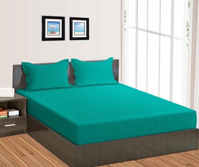 KEERRAZ 250 TC Cotton King Striped Fitted (Elastic) Bedsheet(Pack of 1, Turquoise)