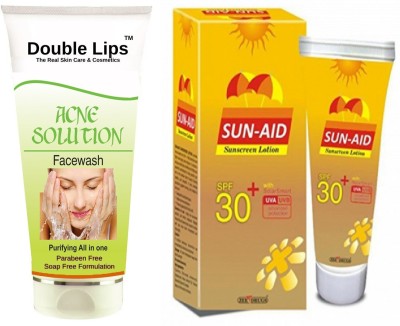 DOUBLE LIPS Face Care Acne Solution Face Wash (100 ml) + Sunaid Sunscreen Lotion 100 GRM(2 Items in the set)