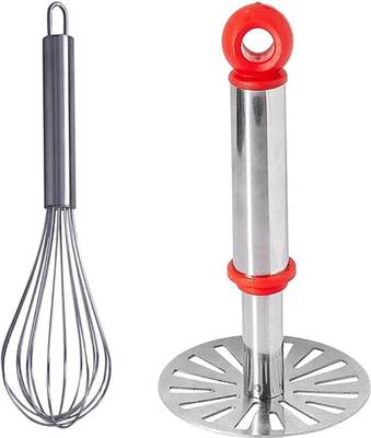 YS Creation kitchen tool set Combo of Stainless Steel Egg Whisk &amp; Potato/Pav Bhaji/Vegetable Masher Kitchen Tool Set, whisk for kitchen , potato masher, egg whisk 1 whisk , 1 potato masher steel colour Kitchen Tool Set  (steel colour, Masher, Whisk)