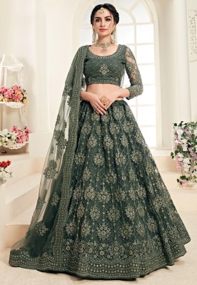 B4U FASHION Solid Semi Stitched Lehenga Choli(Dark Green)