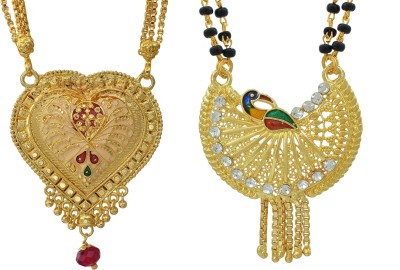 Morvi Gold Plated Alloy CZ, Peacock Meenkari and Big Heartshape Stone Design, Ethnic Combo Traditional Mangalsutra for Women Alloy Mangalsutra