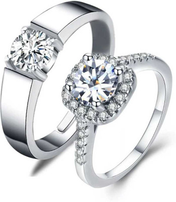 MYKI King And Queen Silver plated Adjustable Couple Rings Stainless Steel Cubic Zirconia Silver Plated Ring Set