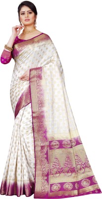 prasthan Woven Kanjivaram Silk Blend Saree(White)