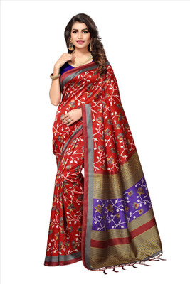 Blissta Floral Print Mysore Art Silk Saree(Red)
