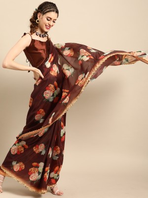 Ratnavati Floral Print Bollywood Organza Saree(Brown)