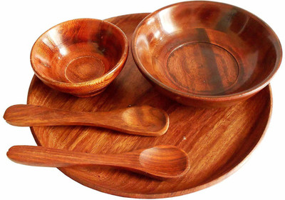 Voody Round Tray Bowl, Spoon, Tray Serving Set(Pack of 5)