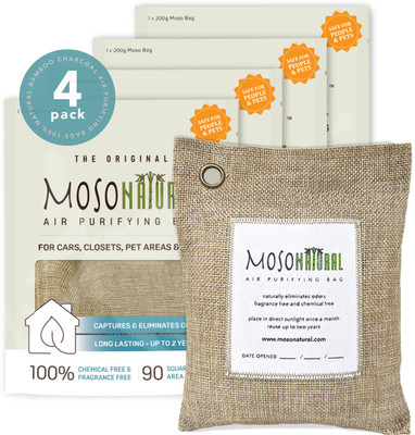Moso Natural An Unscented-Chemical-free Odor Eliminator Car Freshener Blocks Air Purifying Bags Bamboo Charcoal Air Freshener, Deodorizer, Odor Eliminator & Odor Absorber for Cars and Closets (4x200g) Natural Color(4 x 1)