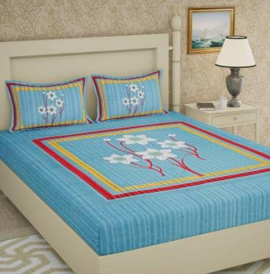 Chandra Fab 104 TC Cotton Queen Printed Flat Bedsheet(Pack of 1, Blue)