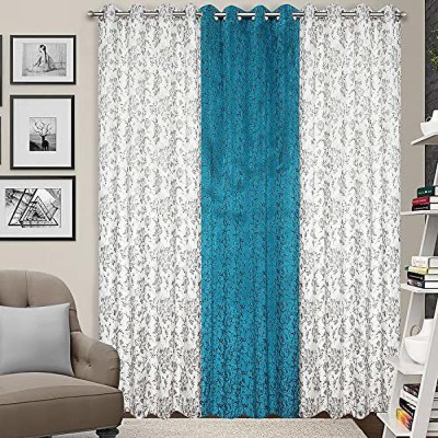 Kraftiq Homes 214 cm (7 ft) Velvet Room Darkening Door Curtain (Pack Of 3)(Floral, Aqua-White)