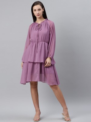 PLUSS Women Fit and Flare Purple Dress