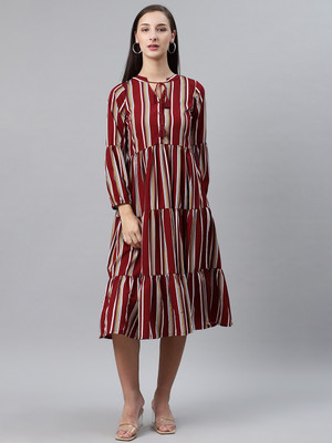 PLUSS Women A-line Red Below Knee Dress