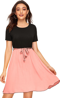 KDS Women Fit and Flare Pink Knee Length Dress