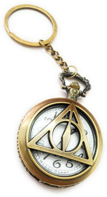 TheKeyHouse Antique Metallic Famous HarryPotter Deathly Hallows Triangle Hogwarts Crest Theme Vintage Gandhi Style Pocket Watch Key Chain With Key Ring for Men/Women. Key Chain