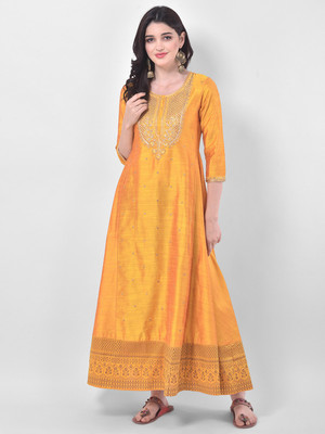 Span Women Embroidered Flared Kurta(Yellow)