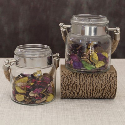 TIED RIBBONS Set of 2 Glass Lantern with Jute Rope Handle and Potpourri Petals for Home Decoration Living Room Decor Bedroom Wedding Festive Decorative Gift Items Clear Glass, Jute Table Lantern(15.1 cm X 13.9 cm, Pack of 2)