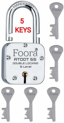 Foora (PK-1) ATOOT 65 with 5 Keys , Hardened Shackle, Double Locking, 8 Lever- 65mm Lock(Silver)