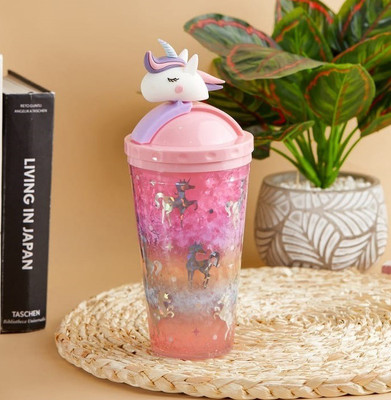 miRim Slide and Open Unicorn Sipper Glass/Tumbler with Straw Plastic Tumbler(450 ml)