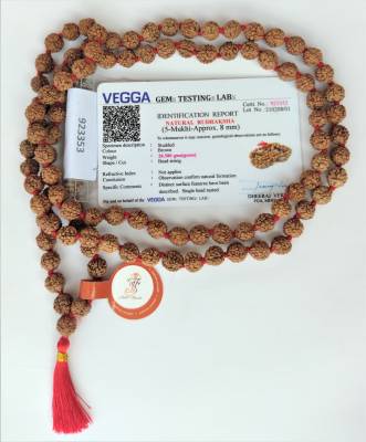 jupiter speaks Lab Certified 5 Mukhi Rudraksha Mala 8mm Size for Neck Wearing and Jap Puja, 100% Original Panchmukhi 108+1 Rudraksha Rosary Beads, Color Brown for Men and Women Wood Chain