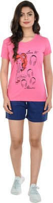 STYLE CLUB Women Printed Pink, Blue Top & Shorts Set