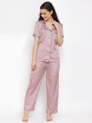 fasense Women Polka Print, Striped Pink Shirt & Pyjama set