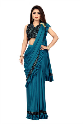 RoopNikten Embroidered Bollywood Lycra Blend Saree(Light Blue)