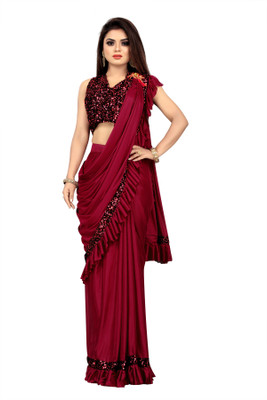 Bahuranifashion Solid/Plain Bollywood Lycra Blend Saree(Red)