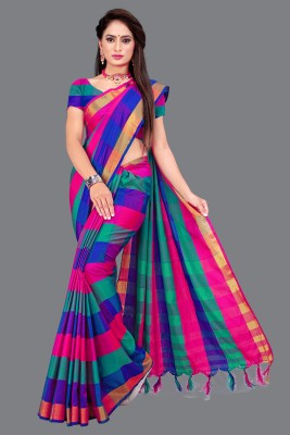 PRIYANSH CREATION Checkered Bollywood Cotton Silk Saree(Blue)