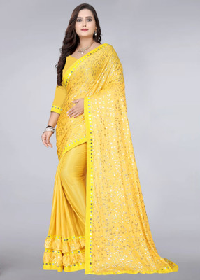 RADHEYUB Self Design Daily Wear Lycra Blend Saree(Yellow)