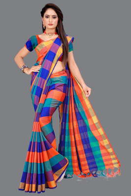 PRIYANSH CREATION Checkered Bollywood Cotton Silk Saree(Multicolor)