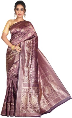 Avik Creations Self Design, Paisley, Embroidered, Woven, Embellished, Floral Print, Solid/Plain Kanjivaram Silk Blend, Art Silk Saree(Purple, Gold)