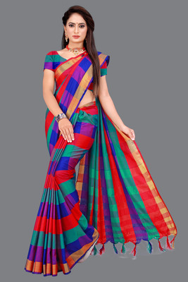 PRIYANSH CREATION Checkered Daily Wear Cotton Silk Saree(Red)