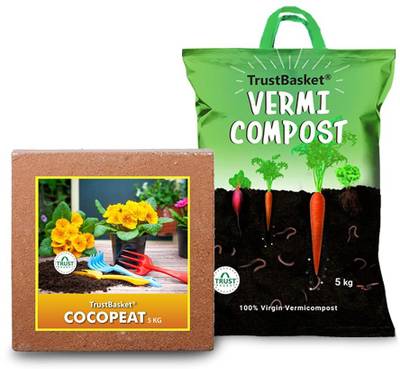 TrustBasket Organic Manure Combo of Vermicompost 5kg and Cocopeat 5kg for All Type Plants Potting Mixture  (10 kg, Powder)