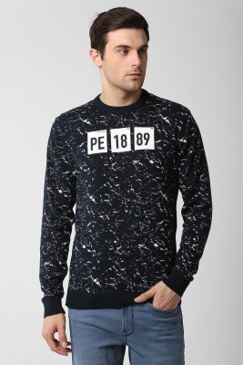 PETER ENGLAND Printed Round Neck Casual Men Black, White Sweater