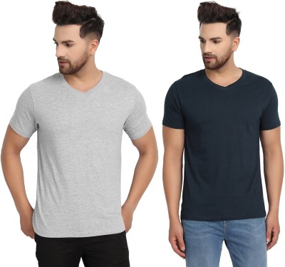 ESPARTO Solid Men V Neck Dark Blue, Grey T-Shirt