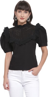 PLUSS Casual Self Design Women Black Top