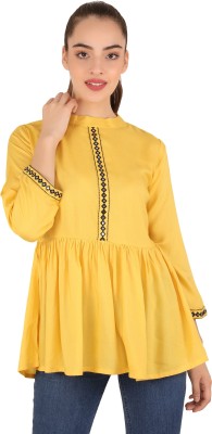 UNFAKENOW Casual Cuffed Sleeve Embroidered Women Yellow Top